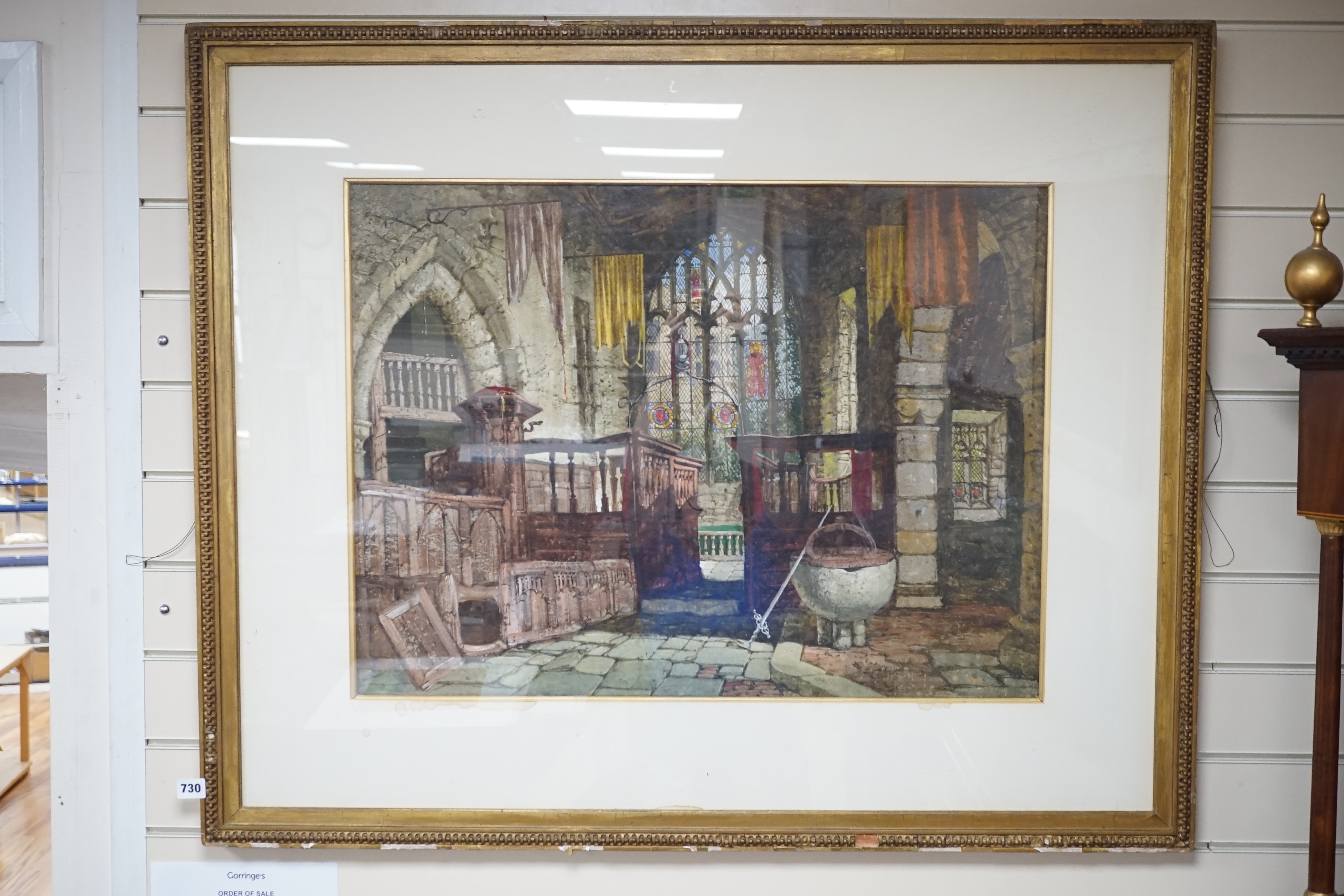 Samuel Rayner (1806-1879), watercolour, 'Chapel interior at Haddon Hall', monogrammed, 55 x74cm